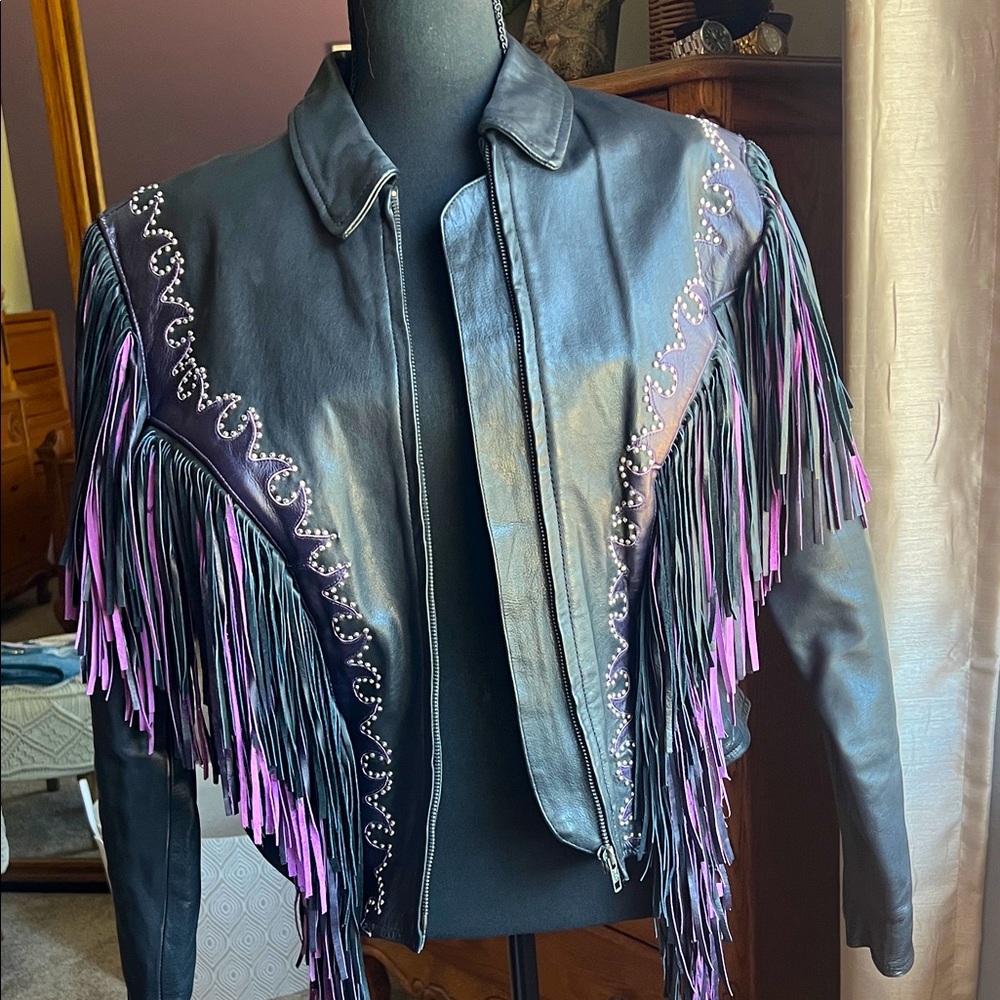 Antelope Black Leather Jacket with Purple Accents